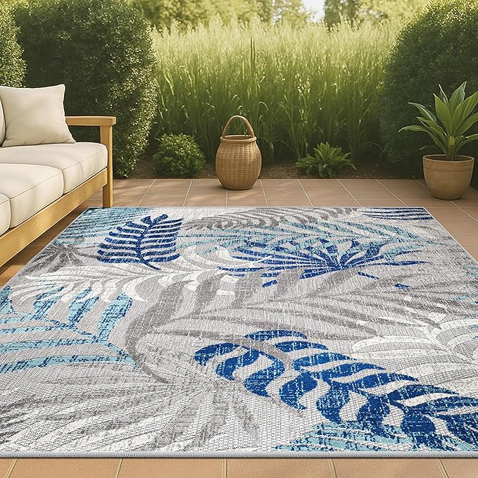 JONATHAN Y Tropics Palm Leaves Indoor Outdoor Area Rug 5X8 Gray/Blue, Boho - Image 4