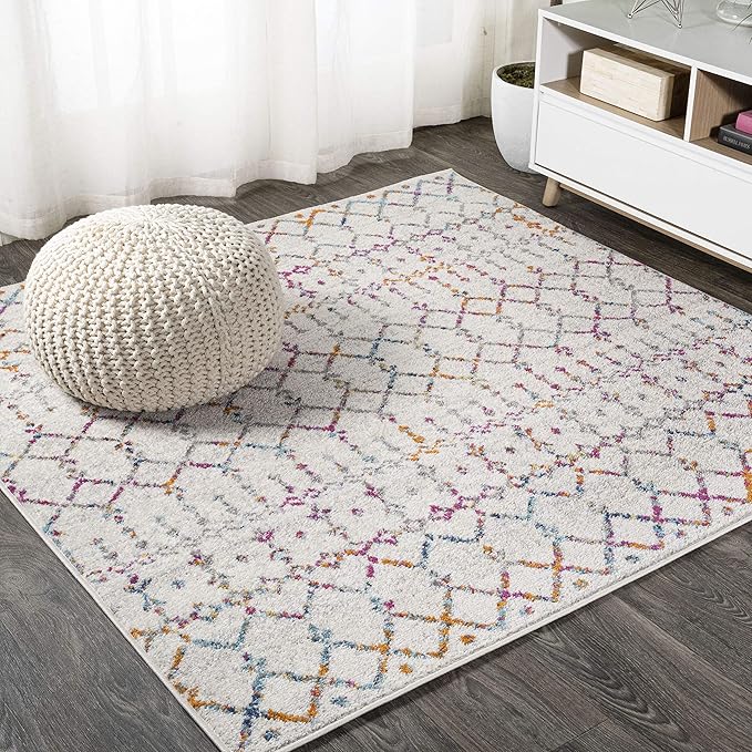 JONATHAN Y Boho Vintage Diamond Ivory/Multi Square Area Rug 5X5 ft, Moroccan by JONATHANY