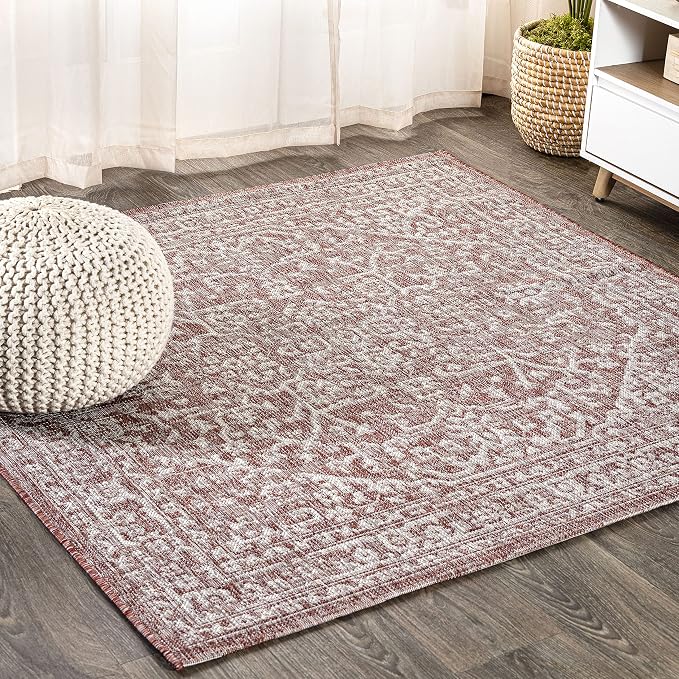JONATHAN Y Boho Medallion Indoor Outdoor Square Area Rug 4X4 Red/Taupe by JONATHANY