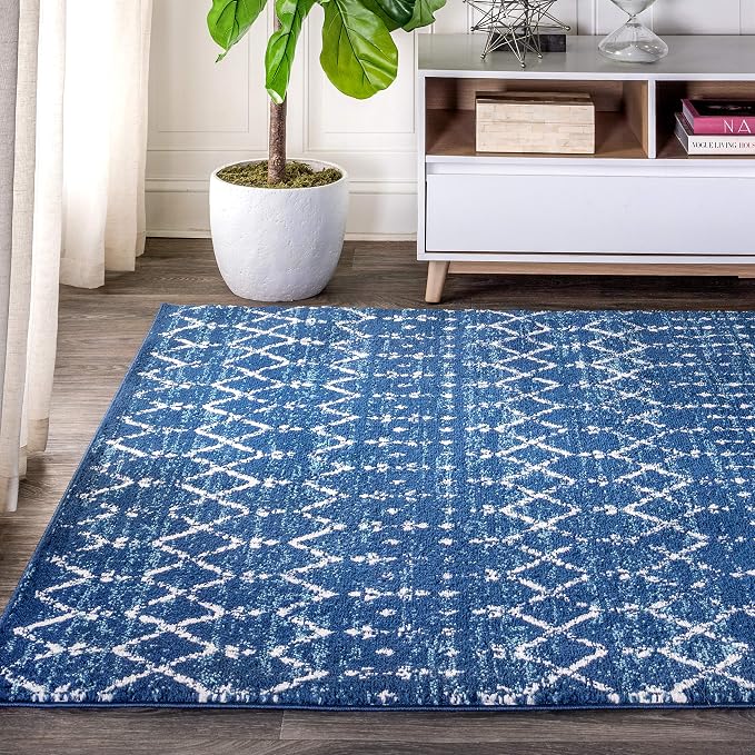 JONATHAN Y Boho Vintage Diamond Blue/White Indoor Area Rug 5X8 ft, Moroccan Hype - Image 3