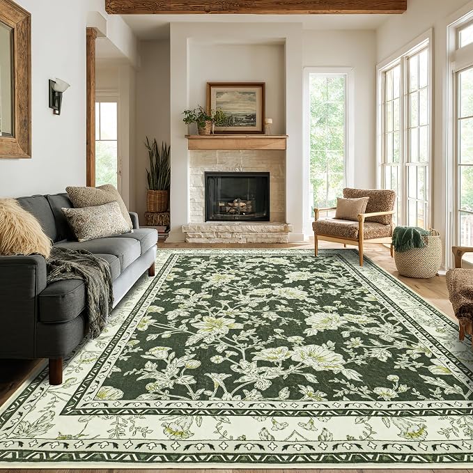 Olive Green Area Rugs 6x9 Living Room Washable Boho Vintage Sketch Floral Cream by BILEEHOME