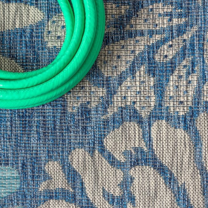 JONATHAN Y Floral Textured Weave Indoor Outdoor Square Area Rug 5X5 Navy/Aqua - Image 4