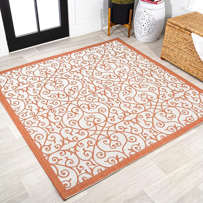 JONATHAN Y Vintage Filigree Indoor Outdoor Square Area Rug 5X5 Cream/Orange by JONATHANY