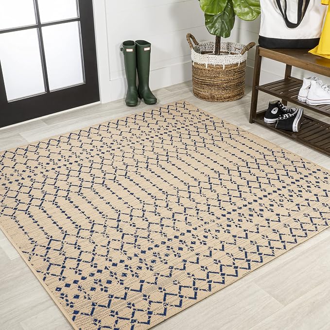 JONATHAN Y Moroccan Geometric Indoor Outdoor Square Area Rug 6X6 Beige/Navy by JONATHANY