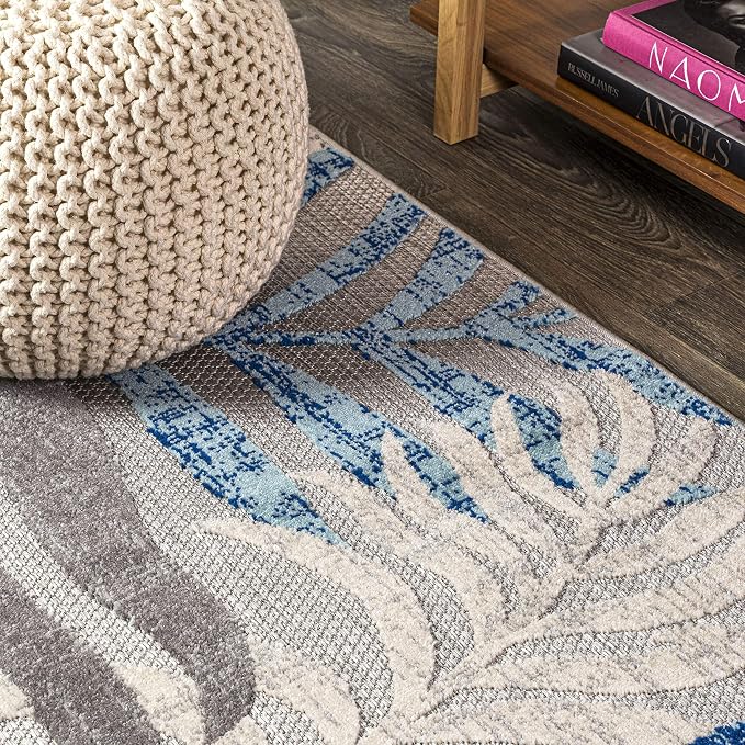 JONATHAN Y Tropics Palm Leaves Indoor Outdoor Area Rug 3X5 Gray/Blue, Boho - Image 7