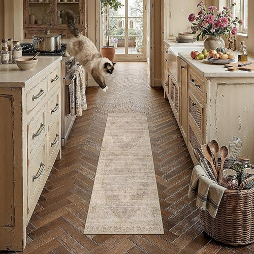 2x6 Washable Neutral Runner Rug Beige Vintage Hallway Kitchen Carpet Non-Slip by WondRg