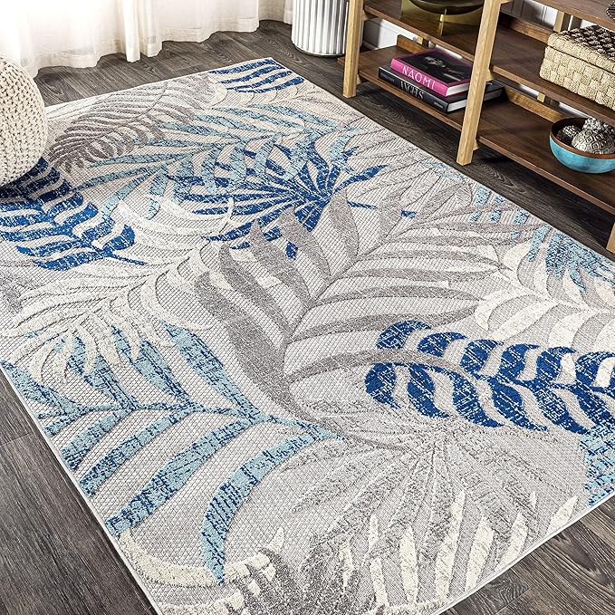 JONATHAN Y Tropics Palm Leaves Indoor Outdoor Area Rug 5X8 Gray/Blue, Boho - Image 5
