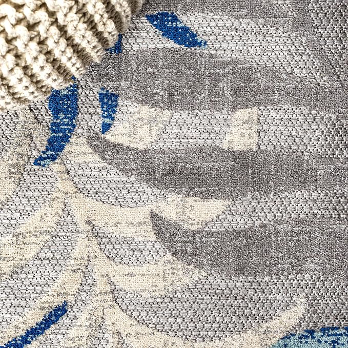 JONATHAN Y Tropics Palm Leaves Indoor Outdoor Area Rug 5X8 Gray/Blue, Boho - Image 8