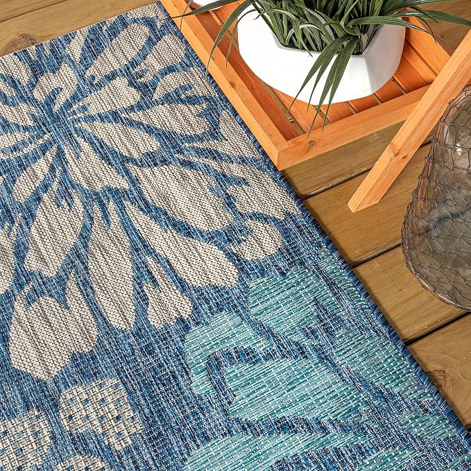 JONATHAN Y Floral Textured Weave Indoor Outdoor Runner Rug 2X14 Navy/Aqua - Image 4